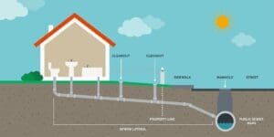 Diagram showing the sewer lateral, the homeowner's responsibility between the home and the city sanitary main