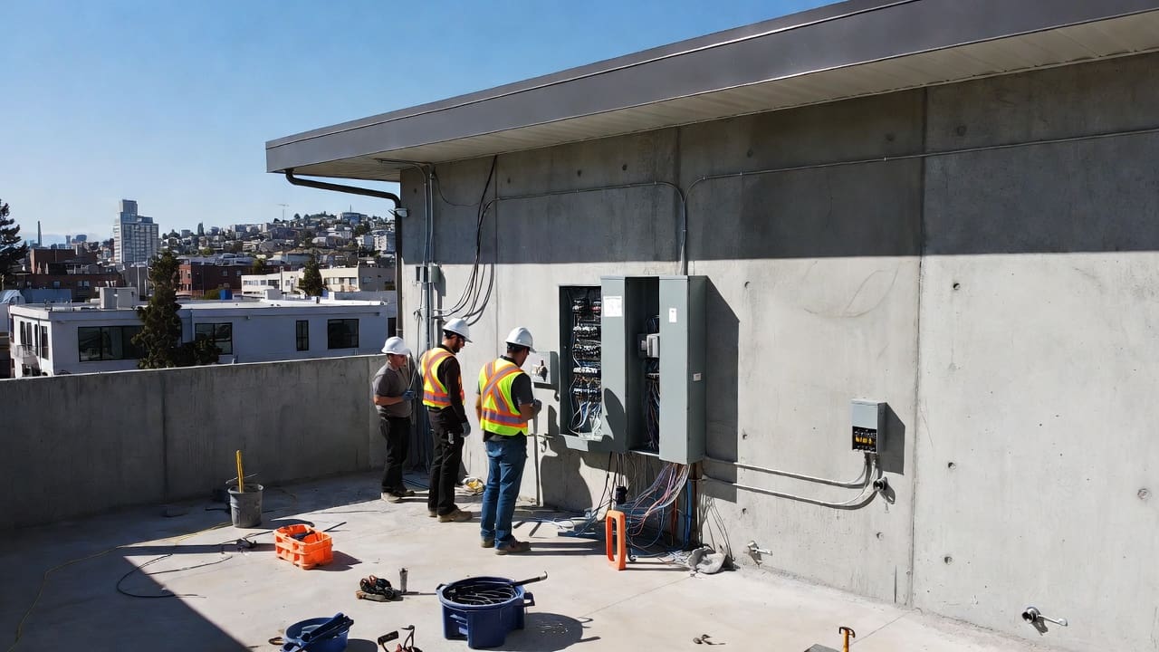Electrical contractor crew working on a commercial installation in California