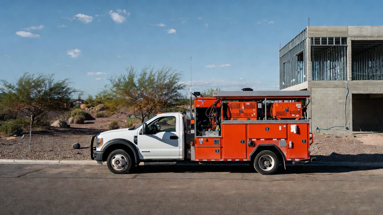 Electrical contractor service truck at a Las Vegas commercial construction site