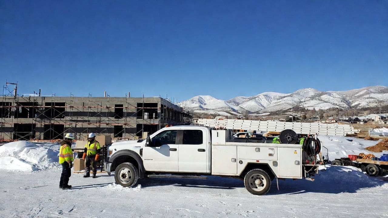 Electrical contractor crew at a winter construction site along Utah's Wasatch Front