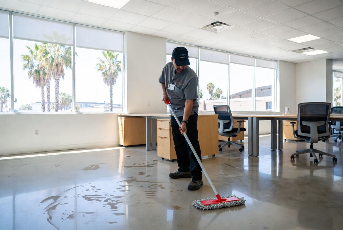 California cleaning business insurance - a cleaning crew working inside a Los Angeles commercial building
