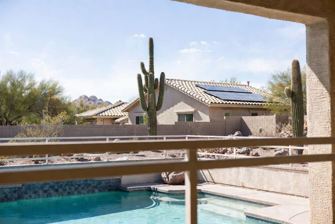 Phoenix backyard pool and rooftop solar showing Arizona home insurance pool and solar