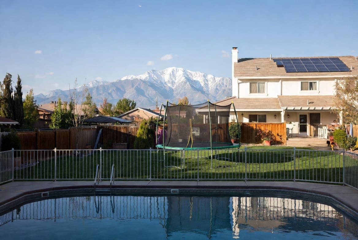 Utah backyard pool, trampoline, and rooftop solar showing Utah home insurance pool and solar