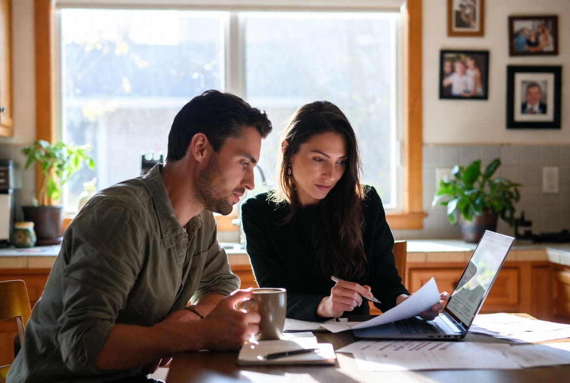 Couple comparing term and permanent life insurance options at their kitchen table