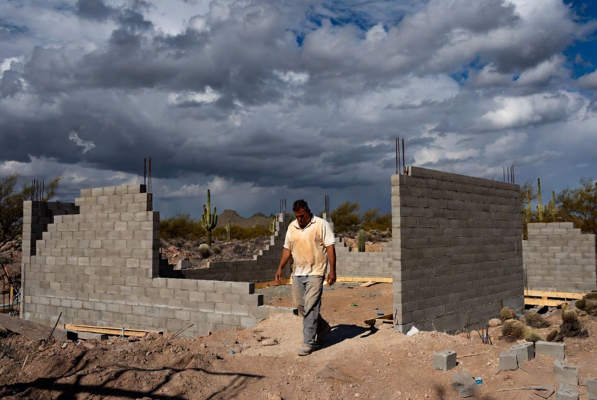 Phoenix general contractor insurance review at a desert commercial site with monsoon clouds building