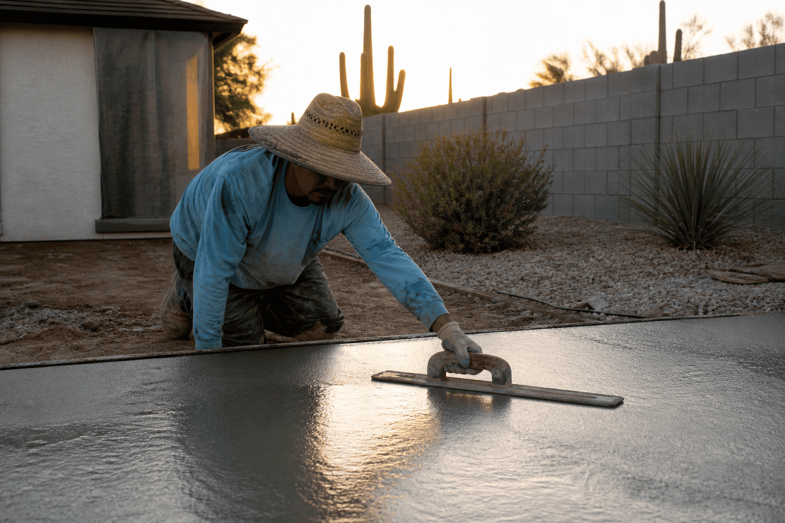 Phoenix concrete contractor insurance: finisher bull floating a driveway slab at sunrise