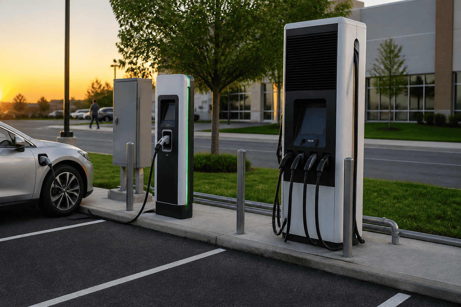 EV charging contractor insurance: Level 2 wallbox and DC fast pedestal on a commercial lot