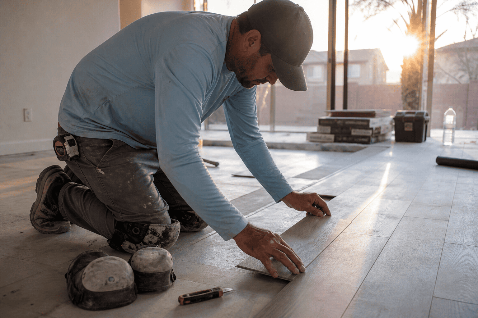 Phoenix flooring contractor insurance: installer setting LVP in an East Valley great room
