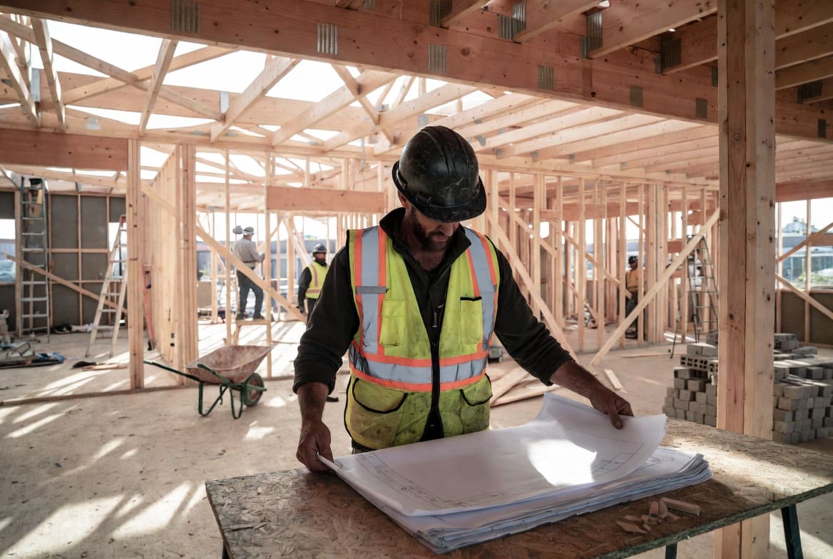 General contractor insurance review with a contractor checking plans inside a framed commercial building