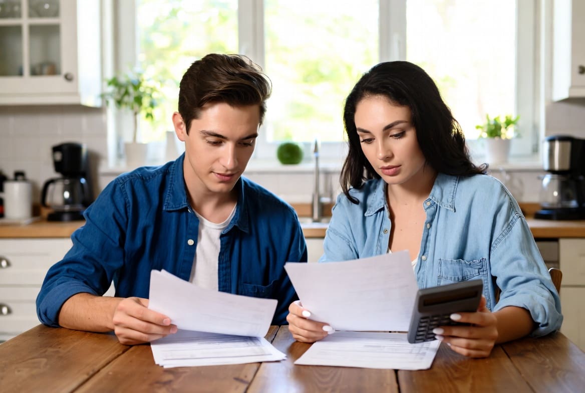 Family using the DIME method life insurance calculation at a kitchen table