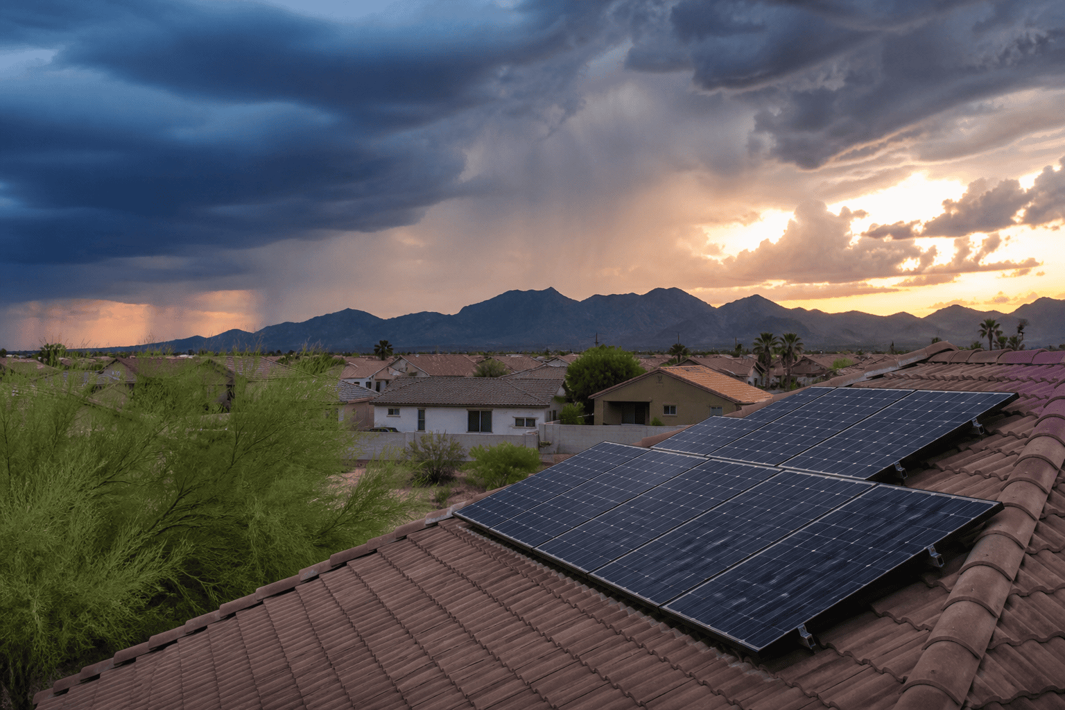 Phoenix solar contractor insurance: East Valley rooftop PV array in desert light