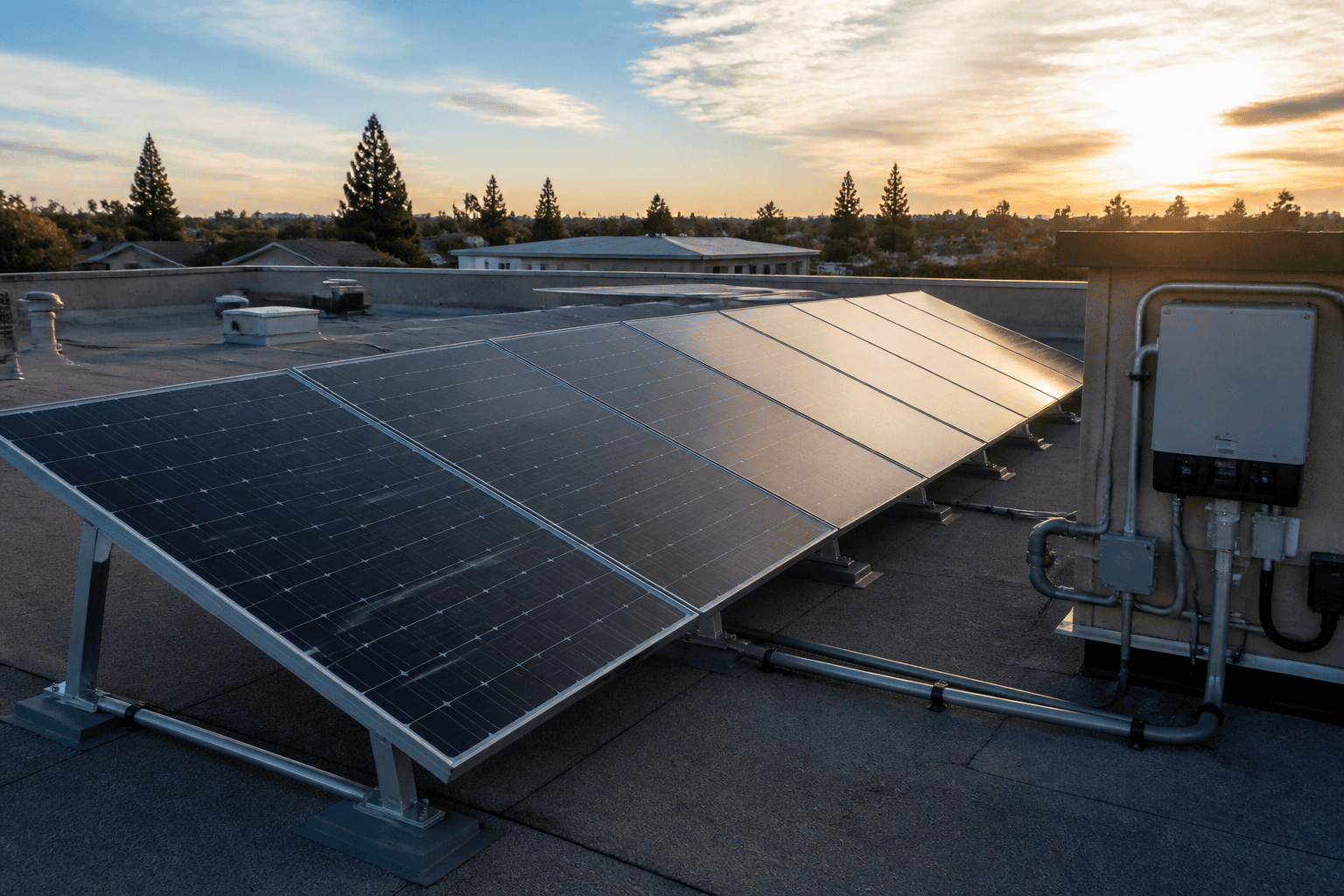 Solar contractor insurance: rooftop photovoltaic array with racking at late-day light